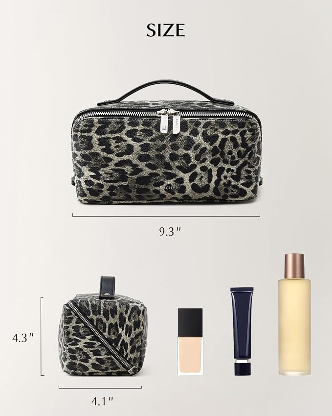 EACHY Travel Makeup Bag for Women, Flat Open Leopard Print Cosmetic Bag | Leopard-print PU leather cosmetic bag opens flat with dividers and clear TPU brush pocket for makeup and travel essentials - Image 5
