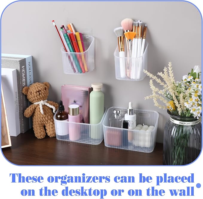 Clear Wall Basket, Wall Mounted Storage Bins, 8 Pcs | Plastic Cabinet Door Organizer Shower Caddy with Self-Adhesive Hanger, Containers Box for Bathroom Kitchen Pantry Countertop - Image 7