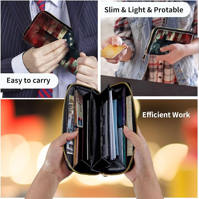 Wallet,Leather Long Wallet Suitable For Ladies And Teenagers - Detachable Wristband + RFID Travel Wallet With Card Slot - American Flag Cross - Image 7