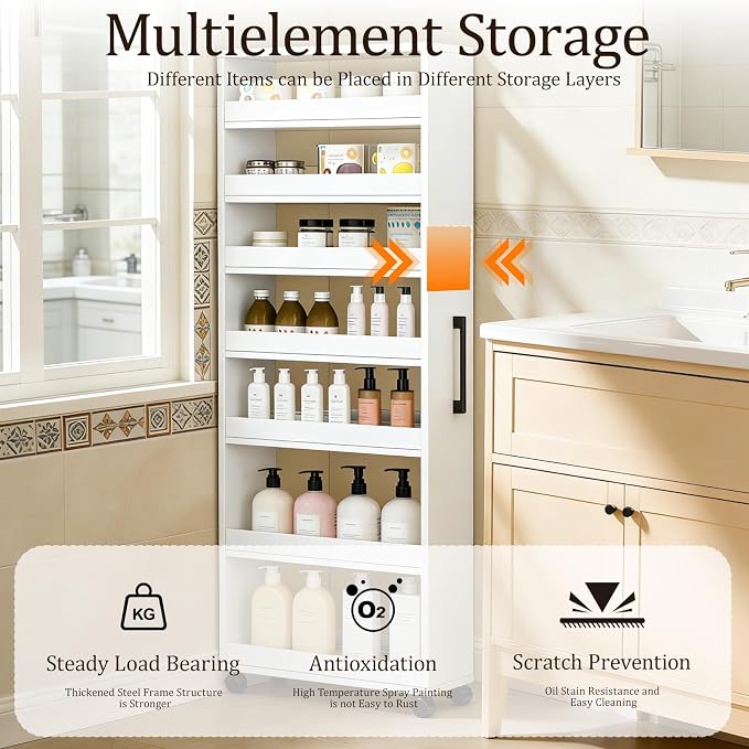 Rolling Spice Rack Next To Side Of Fridge Storage Slim Narrow Shelf Lightweight 7 Tier Wooden Storage Cart For Kitchen , Dining Room, Bathroom, Small Spaces (White, 72.4"H x 9.8"W x 21.6"D) - Image 5