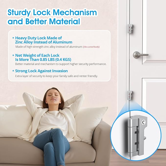 AST Home Security Door Reinforcement Lock, 1 Pack, Indoor Use, Childproof | Safety door lock, toddlerproof security latch, kidproof door stopper with cylinder and snib, made of zinc alloy, matte silver - Image 3