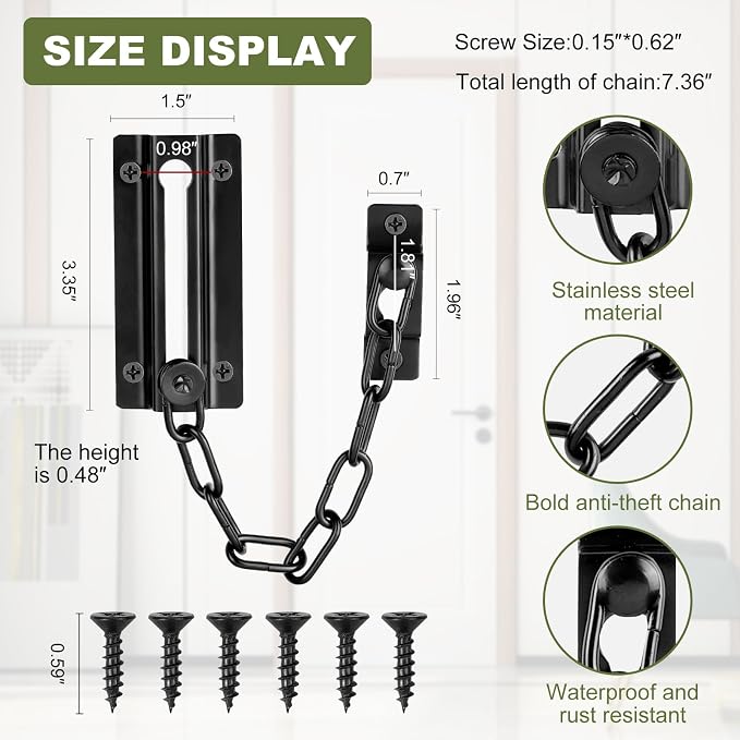 2 Pack Door Chain Lock Black, Security Door Chain for Inside Door, Premium Thickened Chain Door Lock with 12 Screws - Image 4