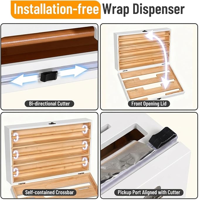 Allinside Magnetic Plastic Wrap Dispenser with Cutter, 3 in 1 Refrigerator Bamboo Wood Organizer for Tin Foil, Baking, Wax Paper Holder Kitchen Storage Box Compatible with 12.9" Roll, White (3 Layer) - Image 6