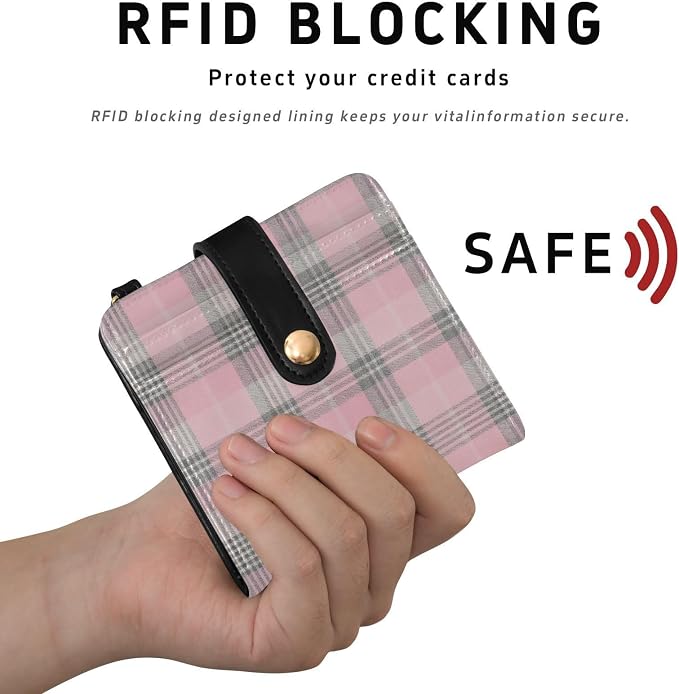 Pink Black Plaid Women's Wallets RFID Blocking,Credit Card Holder Bifold Wallet,Slim Card Cases,PU Leather Travel Wallet for men Girls - Image 4