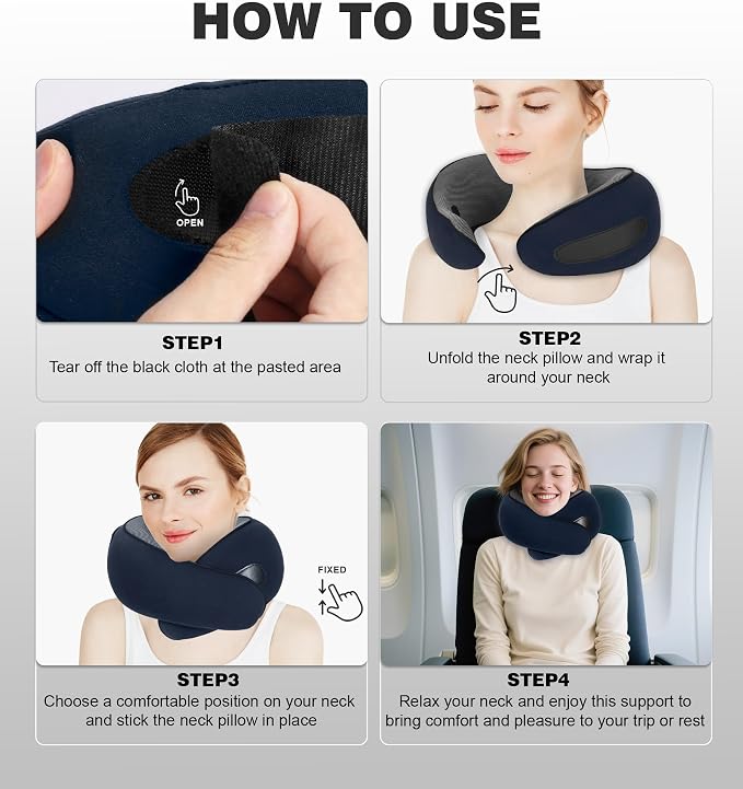 Travel Neck Pillow, Newly Upgraded Hooded Neck Pillow , 100% Pure Memory Foam Travel Pillow for Flight Headrest Sleep,Portable Aircraft Accessory,Suitable for use in Plane/Car/Office(Dark blue) - Image 5