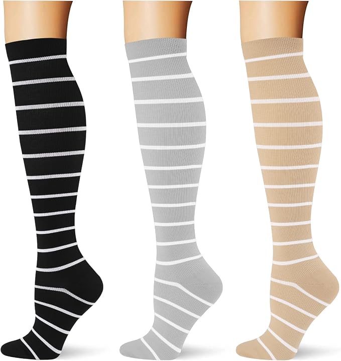 (3 pairs) Compression Socks 20-30 mmHg Long Knee High Socks for Women Men Support Athletic Travel Daily Wear by Saniripple