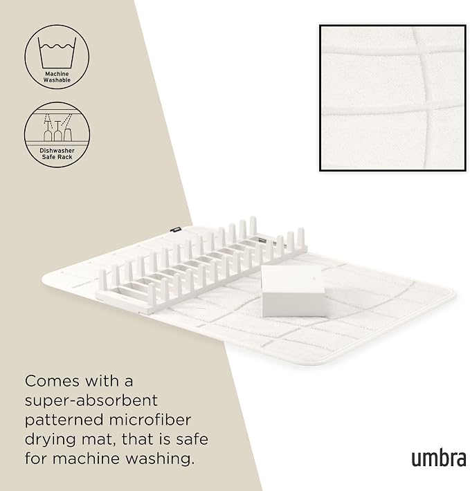 Umbra Udry Dish Drying Rack with Microfiber Mat, Foldable Drainer, Sand | Machine washable, protects countertops, utensil holder, compact space saving design - Image 5