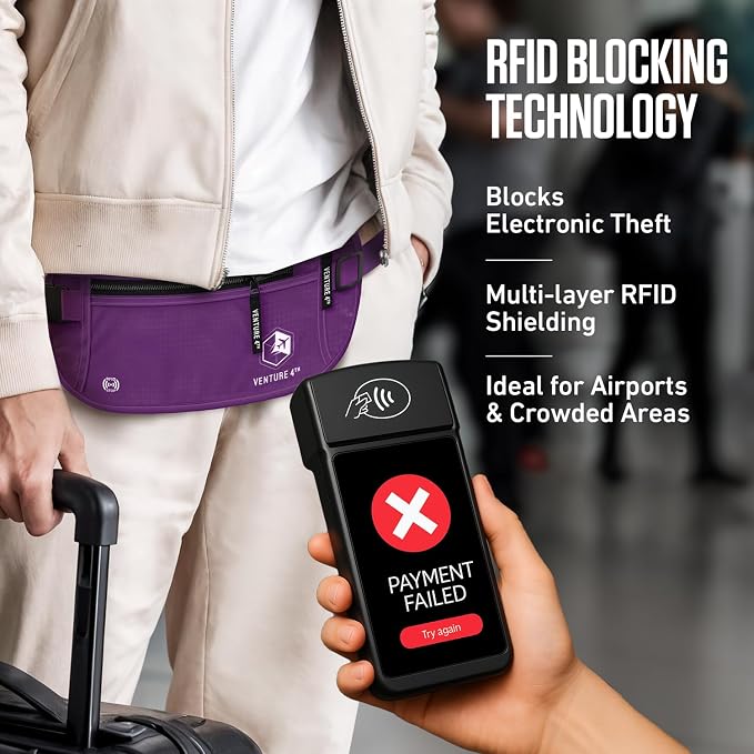 VENTURE 4TH Travel Money Belt, RFID Blocking Passport Holder - Purple - Image 2