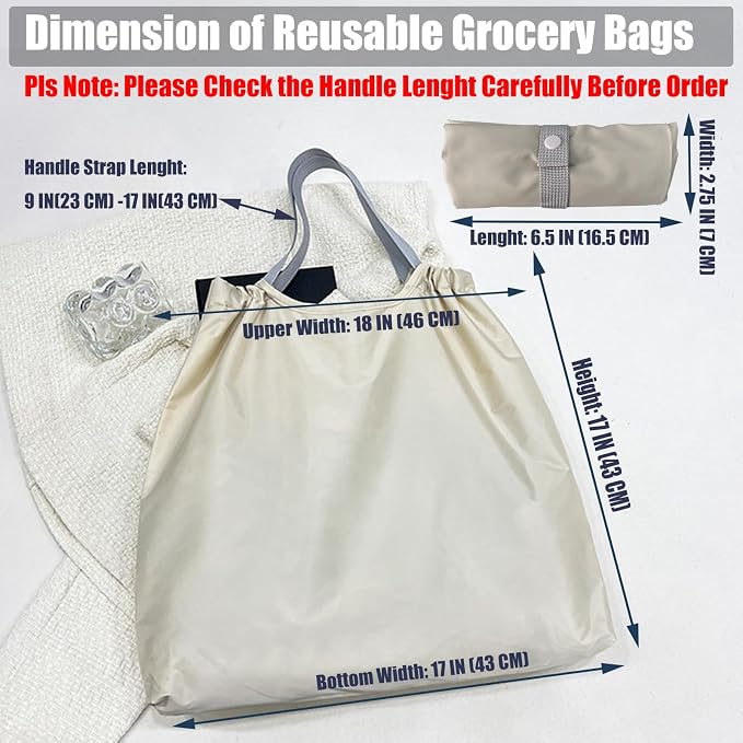 2 PC Foldable Reusable Shopping Bags - 210D Nylon Waterproof Grocery Tote Bag with Drawstring Mouth & Reinforced Handle - Image 5