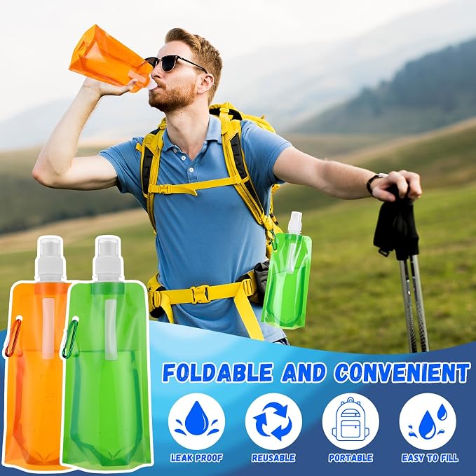 Teenyyou 48 Pack Collapsible Water Bottles Bulk 16oz Foldable Water Bottles with Carabiner Reusable Drinking Leak Proof Container Bags for Sport Biking Hiking Camping Travel Outdoor (Multiple Colors) - Image 5