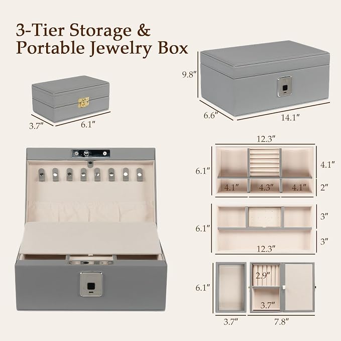 Jewelry Safe, Biometric Fingerprint Safe, Leather Wrapped Jewelry Box with Lock & Mirror, Ultra-Lightweight Jewelry Box Suitable for Home Use & On-the-Go(Three-Tier Gray) - Image 6