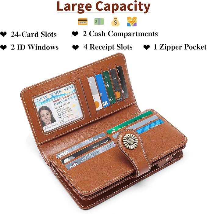 SENDEFN Wallets for Women Leather Credit Card Holder with RFID Blocking Large Capacity Wristlet | with RFID Blocking - Image 2