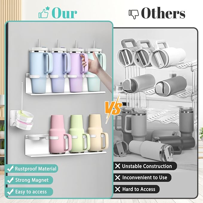 Magnetic Cup Holder for Fridge,8 Cups Water Bottle Organizer for Stanley 30 40 oz with Tumbler Lid Organizer,High Capacity Heavy Duty Kitchen Storage Rack Accessories - Image 6