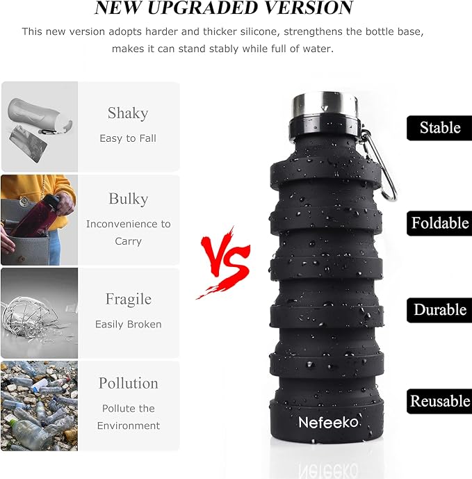 Nefeeko Collapsible Foldable Water Bottle, 27oz Reuseable BPA Free Silicone Portable Leak Proof Sports Water Bottle with Carabiner for Travel Gym Camping Hiking | Foldable Water Bottles for Travel Gym Camping Hiking, Portable Leak Proof Sports Water Bo... - Image 2