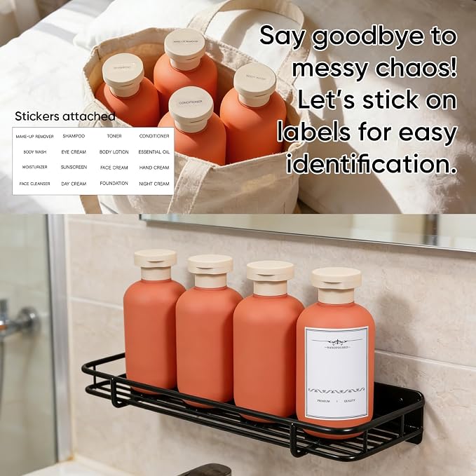 DEMORA 6.6oz Travel Bottles for Toiletries, Larger Plastic Travel Squeeze Bottles Leak Proof Refillable Toiletry Containers with Flip Caps and Labels for Shampoo Conditioner Lotion (Qrange, 4 Pcs) - Image 4