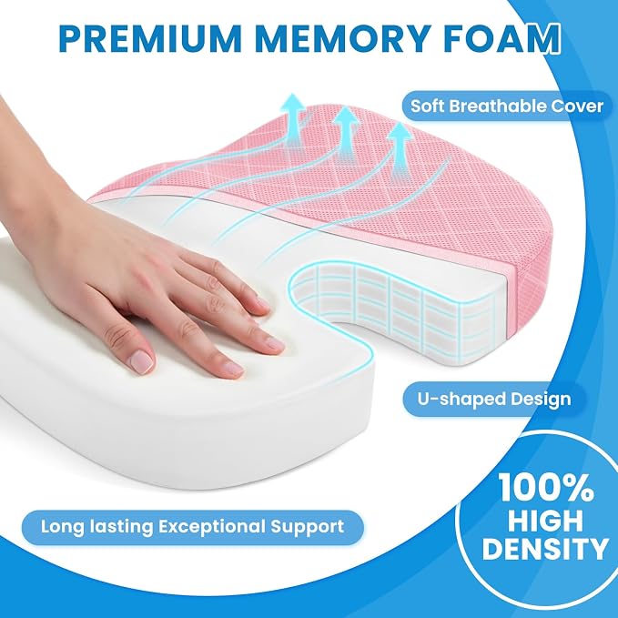 Seat Cushion, Memory Foam Office Chair Cushion - Pink, Large | for Car Seat, Airplane, Desk Chair - Sciatica & Hip & Coccyx Pain Relief Cushion for Long Sitting Office Workers, Car Drivers - Image 3