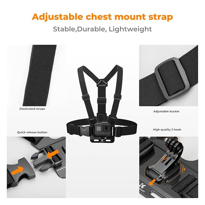 K&F CONCEPT Action Camera Accessories Set for GoPro Hero 13-4 Mission 1 Pro | Chest Mount Harness+Backpack Clip+360° Rotating Head Strap +Wrist Strap for DJI Osmo Action/Pocket 4/3/Insta360 X5/X4, TW06 - Image 4