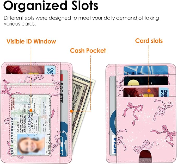 FINTIE Slim Front Pocket Wallet, RFID Blocking Credit Card Holder | Minimalist Card Cases with ID Window for Men Women, pink bow - Image 4