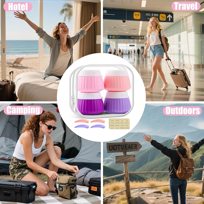 4 Pack Silicone Travel Cream Containers, Refillable Toiletry Jars | Leak Proof Design, Comes with Scoops, Labels & Clear Bag, Perfect for Travel Shampoo, Conditioner and Skincare Toiletries - Image 6