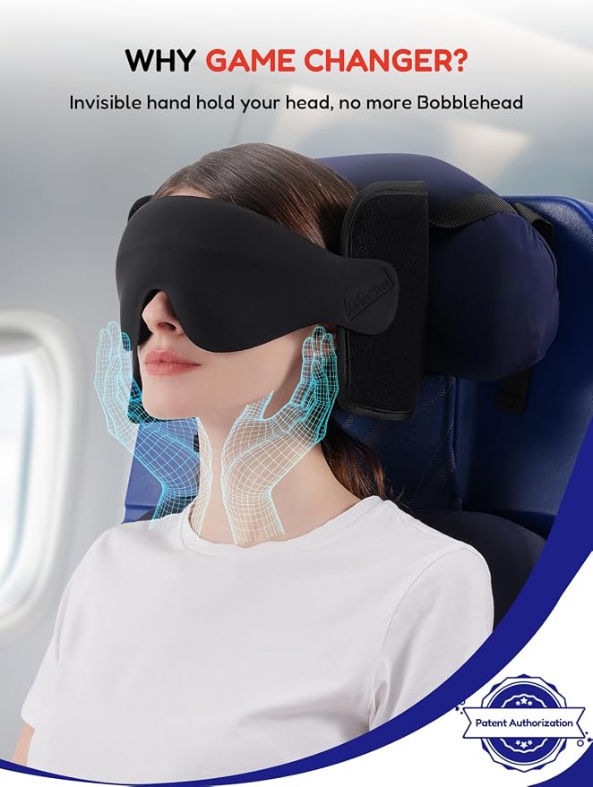 Travel Pillow for Airplanes Head Strap Support, 3D Eye Mask | 360 Airline Sleep Support Headrest Pillow No Bobbing Head Sleeping Aid Travel Essentials Long Flights/Car/Trip Mottled Red - Image 2