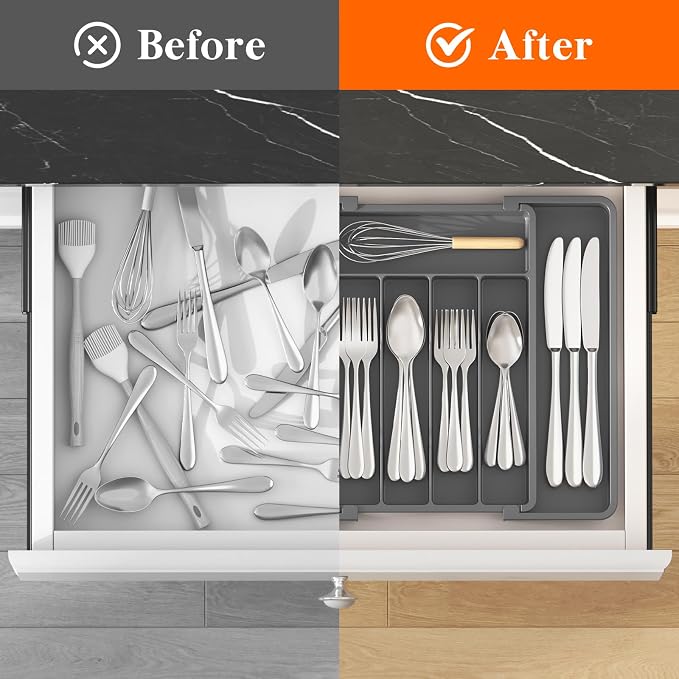 Lifewit Expandable Silverware Drawer Organizer, Kitchen Utensil Tray | BPA-free Plastic Flatware Cutlery Holder, Space-Saving Storage for Spoons Forks Knives, 8.5-14 x 12 x 1.5“, Dark Gray - Image 4