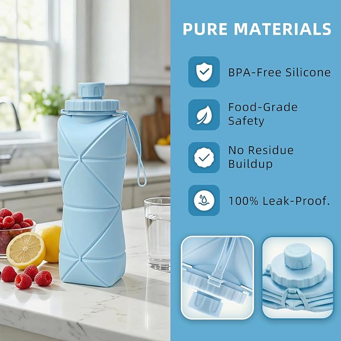 Collapsible Travel Water Bottle 28oz (800ml), BPA-Free, Foldable Silicone Lightweight Reusable Water Bottle with Leak-Proof Lid & Lanyard, Portable for Travel Cycling Gym Camping - Image 7
