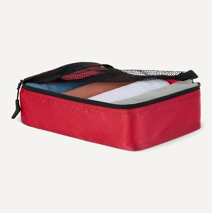 Amazon Essentials 4-Piece Space-Saving Packing Cubes Travel Accessories Set, Luggage Organizer with Double Zipper, Mesh Top, Small, Red (Previously Amazon Basics) - Image 3
