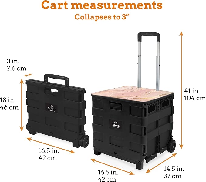 Inspired Living Collapsible Ultra-Slim Pack-N-Roll,2 Wheel Utility Cart w/Lid Used as Seat up to 250 Lbs, Telescopic Handle, Super Strong, for Home,Garden,Shopping,Office,School, Large, Pink Marble - Image 2