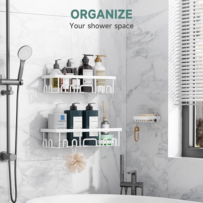 Veken Shower Caddy 3-Pack, Advanced Rustproof Design, No Drilling Adhesive Shelves, Rack with Soap Holder, Large Capacity Bathroom Organizers and Storage, Wall-Mounted Kitchen & Home Decor, White - Image 4