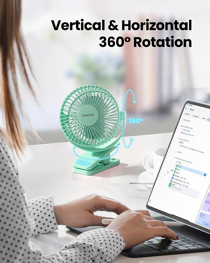 Gaiatop Portable Clip on Fan Battery Operated, Small Powerful 3 Speed Quiet 360° Rotate, USB Rechargeable Mini Personal Cooling Fan for Desk Table Home Office Stroller Camping Women Gifts Green | Battery Operated, Small 3 Speed 360° Rotate, Cooling for... - Image 2