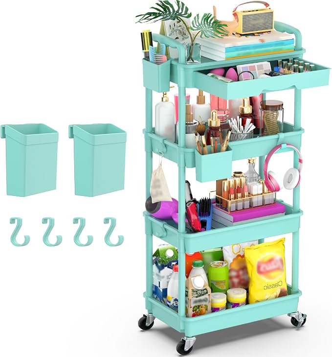 Goovilla 4 Tier Rolling Utility Cart Organizer with Removable Drawer, Blue | Stable and Sturdy Rolling Storage Carts with 2 Lockable Wheels for Bathroom, Kitchen, Snack, Craft, Makeup, Baby Essentials by Goovilla