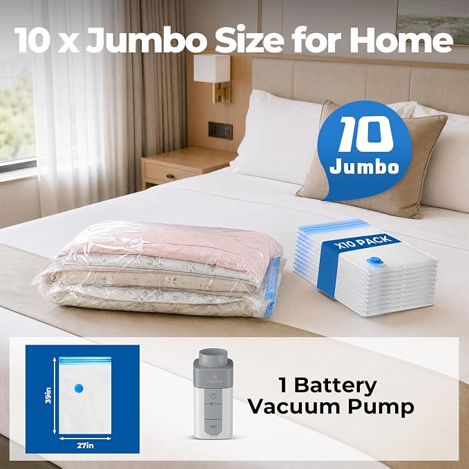 ETENWOLF 10 Jumbo Vacuum Storage Bags for Travel with Wireless Pump | Vacuum Seal Bags for Clothing Travel, Compression Packing Bags for Clothes and Blankets, Space Saver Bags in Carry-On Sizes - Image 2