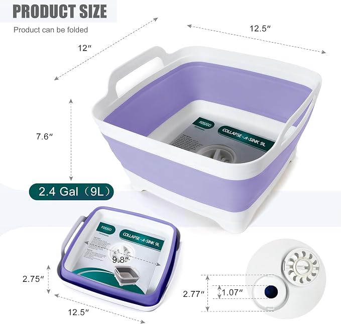 FOSJGO Collapsible Dish Basin with Drain Plug, Foldable Sink, 2.4 Gal (9L) | Space-Saving Wash Basin for Kitchen, Baby Bottles, Vegetable Washing, Camping, RV and Party Beverage Tubs - Image 2