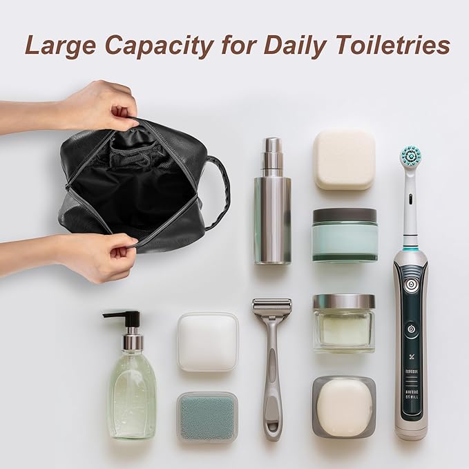 Travel Toiletry Bag for Men and Women, Travel Shaving Dopp Kit Water-resistant Bathroom Toiletries Organizer PU Leather Cosmetic Bags (Black) - Image 2