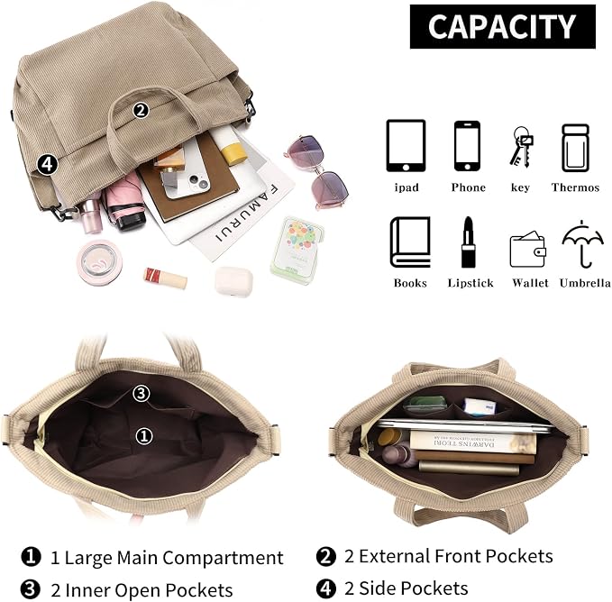 Corduroy Tote Bag for Women Crossbody Bags Lightweight Handbags Shoulder Bag with Zipper Pockets for Work Shopping - Image 3