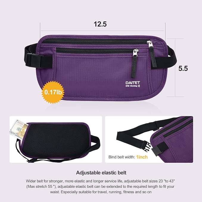 RFID Blocking Money Belt for Men Women, Slim Fanny Pack For Travel，Running,Conceal Waist Wallet For Passport Holder,Phone,Cash(Dark Purple), Dark Purple, Rfid Blocking & Belt Wide:1inch - Image 5