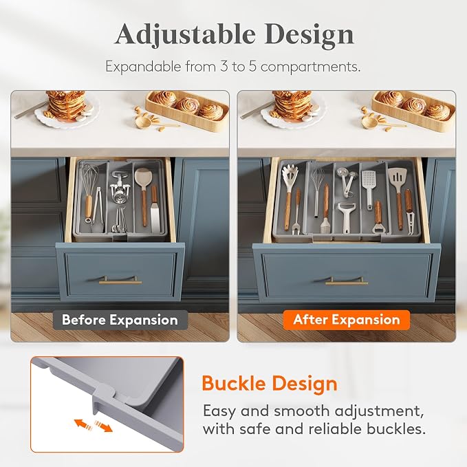 Lifewit Utensil Organizer for Kitchen Drawers, Expandable Utensil Tray | Adjustable Cooking Cutlery Silverware Flatware Holder, Plastic Spatula Tools Storage Divider, 11-18 x 14", Gray - Image 4