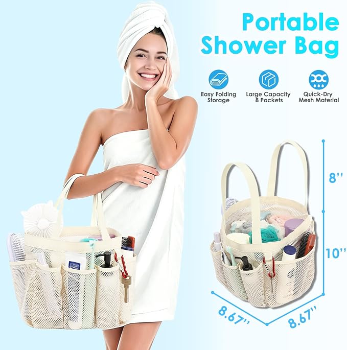Fammart Mesh Shower Caddy Portable for College Dorm Room Essentials, Odorless Polyester Large Shower Tote Bag with Dual Handles, 8-Pocket Quick-Dry Toiletry Organizer for Travel, Beach, Camping, Gym - Image 2