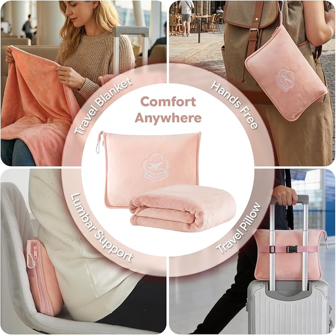 Travel Blanket, Soft 2-in-1 Airplane Blanket, 65x40 Inches, Travel Blanket Airplane Compact with Bag, Car Blanket with Luggage Sleeve & Backpack Clip (Peachy Pink) - Image 3
