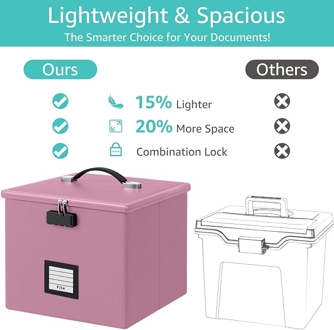 Pink Fire Proof File Box for Documents - Portable Fireproof Document Organizer Box with Handle Waterproof Safe Locking Folder Storage with Lid - Image 3