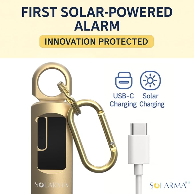 Personal Safety Alarm for Women - Loud Self Defense Siren, Waterproof Keychain with Strobe Light - Solar Rechargeable, Gold - Image 2