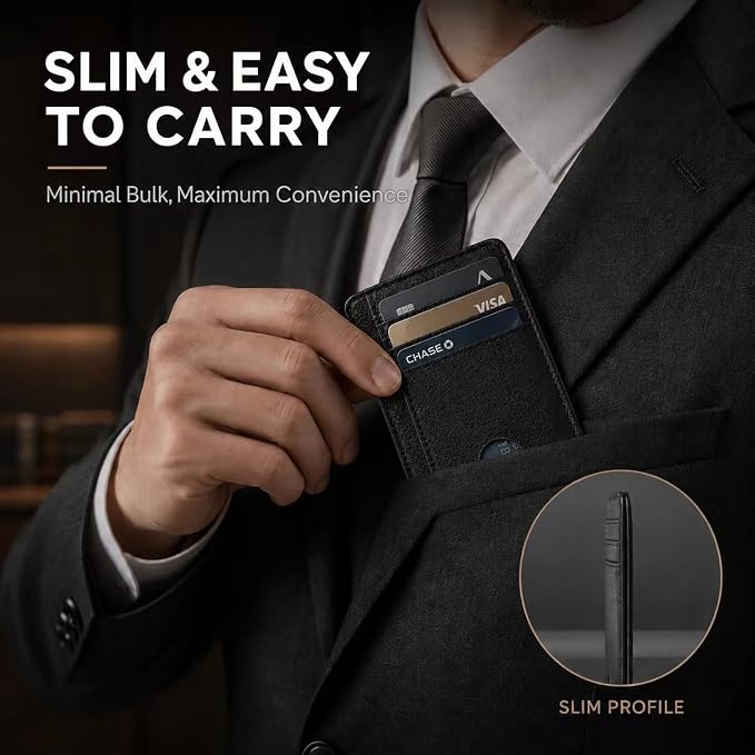 Slim Minimalist Front Pocket RFID Blocking Leather Credit Card Holder, Small Compact Wallet with ID Window for Men and Women (Black) - Image 2