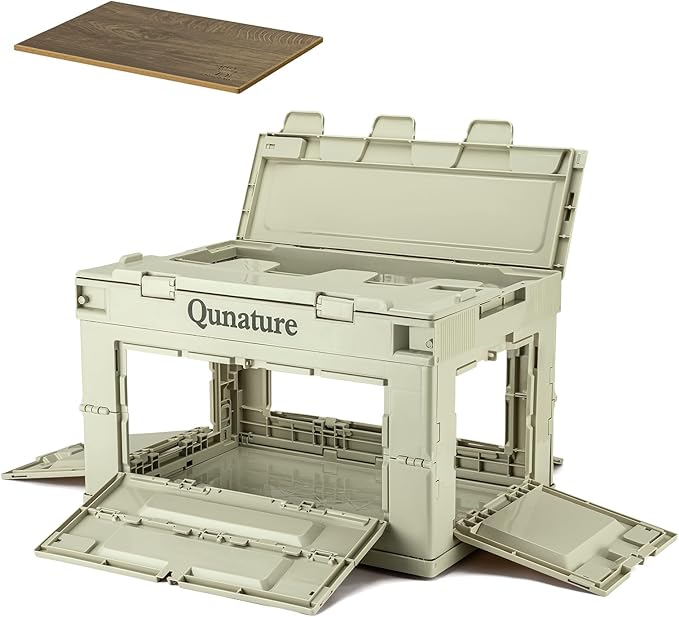 Collapsible Camping Storage Bin 26L with Lockable Doors & Cutting Board | Folds Flat, Stackable, 66 lbs Capacity, Removable Wood Board Top, 26L by QUNATURE