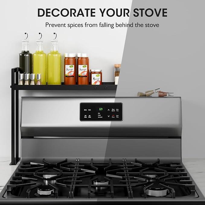 Bumusty Adjustable Stove Top Shelf, 4-Level Spice Rack, Black | Adjustable width and height use vertical space to keep spices organized above stoves or on kitchen counters - Image 4