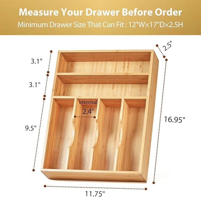 Kitchen Drawer Organizer, 12 Inch Silverware Utensil Tray Holder, Extra Deep, with Non-Slip Feet & Grooved Drawer Divider, 6 Slots Total Bamboo Wood Caddy for Flatware Cutlery Knives - Image 5