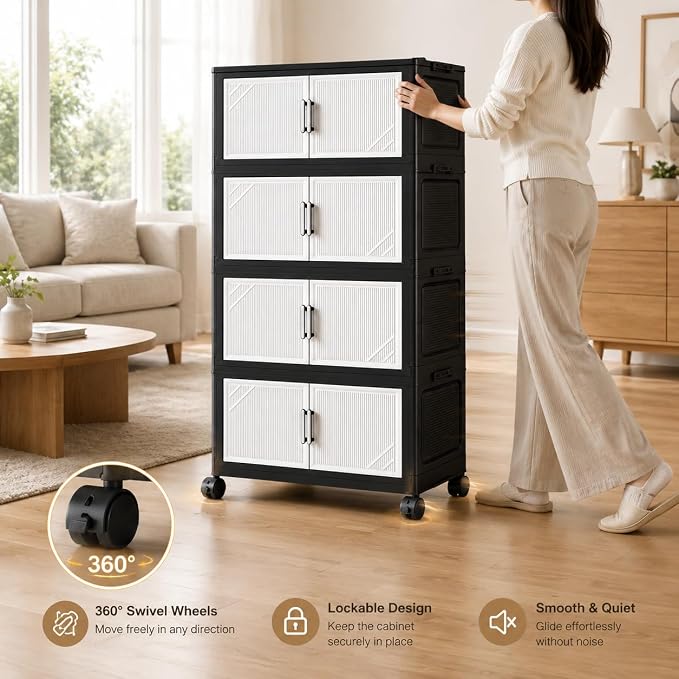 3 Tier Foldable Storage Cabinet with Wheels and Magnetic Doors | Premium PP Material Large Storage Organizer, Space-Saving Utility Storage for Home, Apartments, Dorm, Office, Rv - Image 4