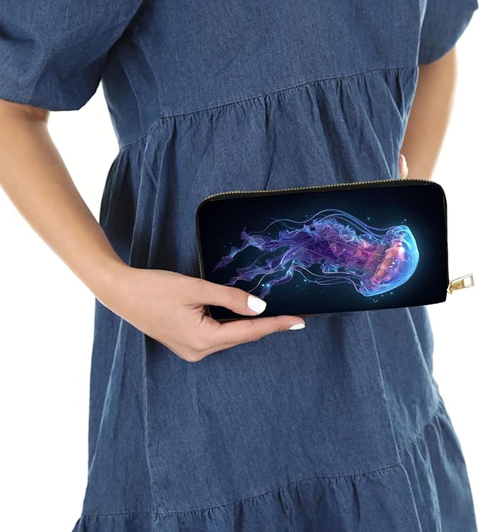 Women's RFID Blocking PU Leather Zip-Around Wallet, Large Capacity Clutch with Phone Holder, Travel Purse & Card Organizer with Removable Wristlet,Blue Jellyfish - Image 6