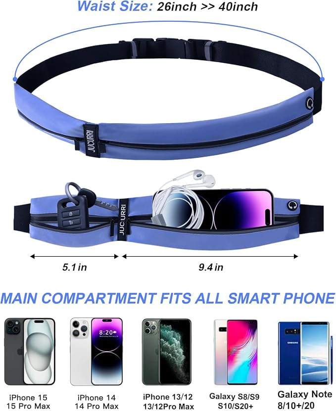 Slim Running Belt for Women and Men, Waterproof Phone Holder for Running, Reflective 2-Pocket Waist Pack for Storing Runner’s Essentials Safely, Runner’s Fanny Pack, Money Belt Fits Most Phones (Blue) - Image 2
