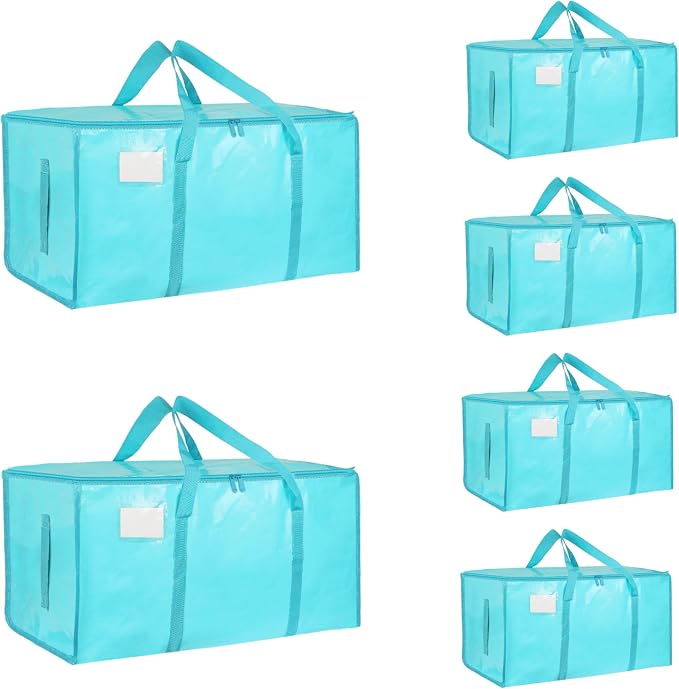 6 Pack-Extra Large Heavy Duty Moving Bags - Waterproof Storage Totes with Handles & Zippers, Foldable for College Dorm, Storage (lake blue) by Unknown