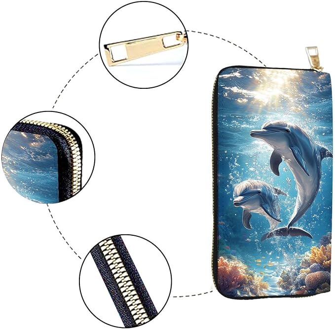 Women's RFID Blocking PU Leather Zip-Around Wallet, Large Capacity Clutch with Phone Holder, Travel Purse & Card Organizer with Removable Wristlet,Cute Dolphins - Image 4